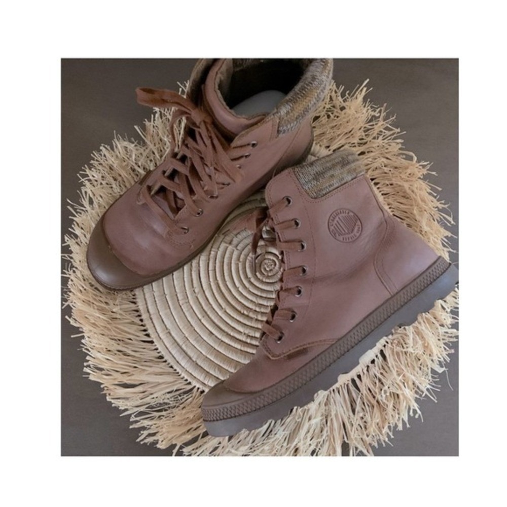 PALLADIUM Women's Pampa Hi Knit Sunrise Lace Up Brown Leather Boots 9.5